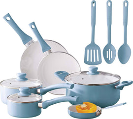 Mainstays 12pc Ceramic Cookware Set, Blue Linen