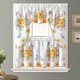 GOHD Golden Ocean Home Decor 3pcs Kitchen Cafe Curtain Set Air Brushed by Hand of Sunflower and Butterfly Design On Thick